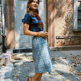 VINTAGE BLUE PLAID MIDI SKIRT