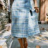 VINTAGE BLUE PLAID MIDI SKIRT