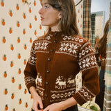 VINTAGE BROWN WOOL PETITE REINDEER CARDIGAN